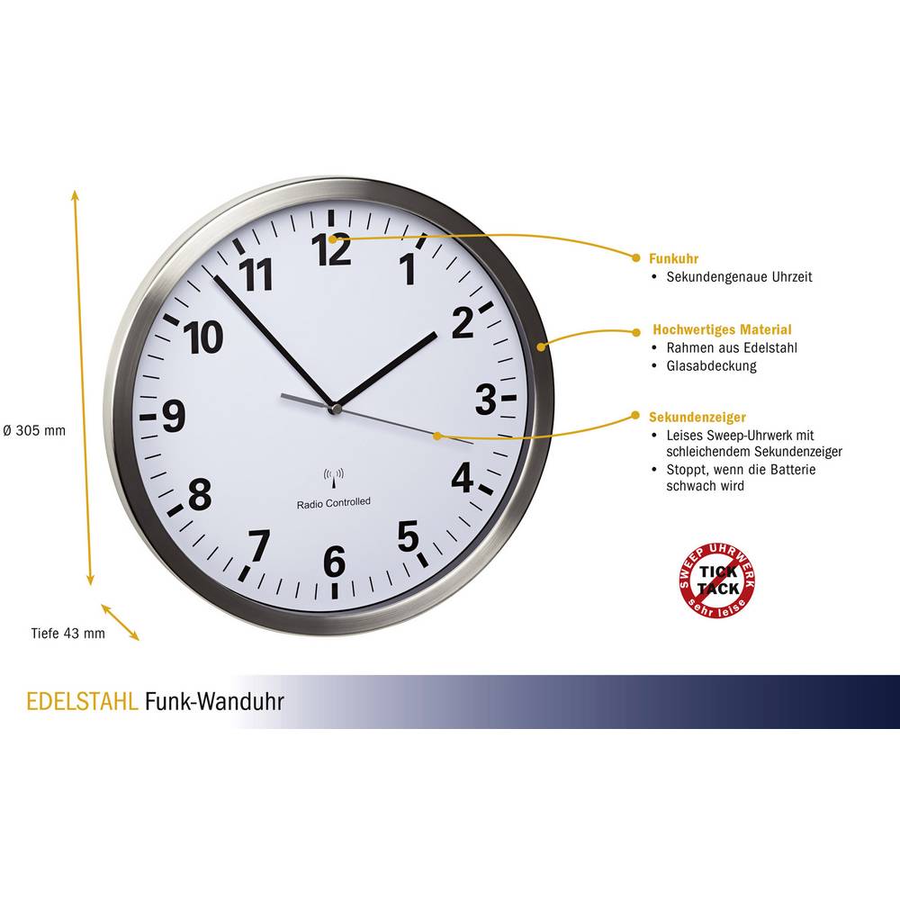 TFA Dostmann 60.3523.02 Funk Wanduhr Küchenuhr Funkuhr Uhr 30.5x4.3cm 33 STÜCK - 4009816028488