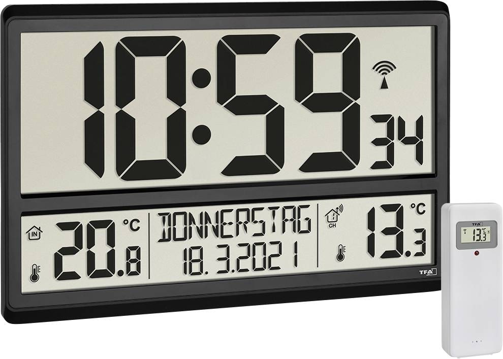 TFA Dostmann 60.4521.01 Funk Wanduhr Wetterstation Schwarz Großes Display Uhr - 4009816036896