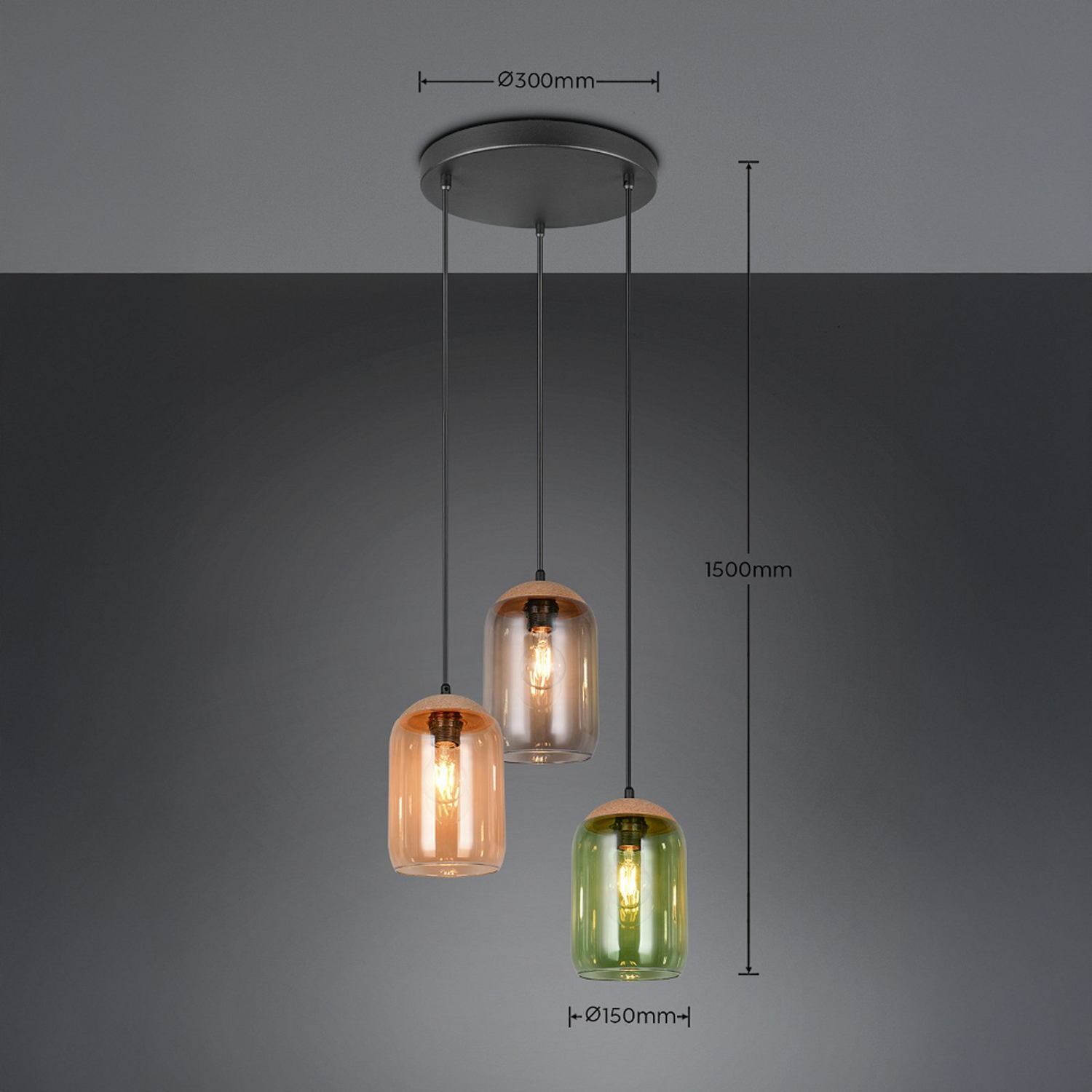 B-Ware Trio Lighting Hängeleuchte Pendelleuchte Lampe Multicolor Glas Kork 30 Cm 3 Flg. - 4017807622980