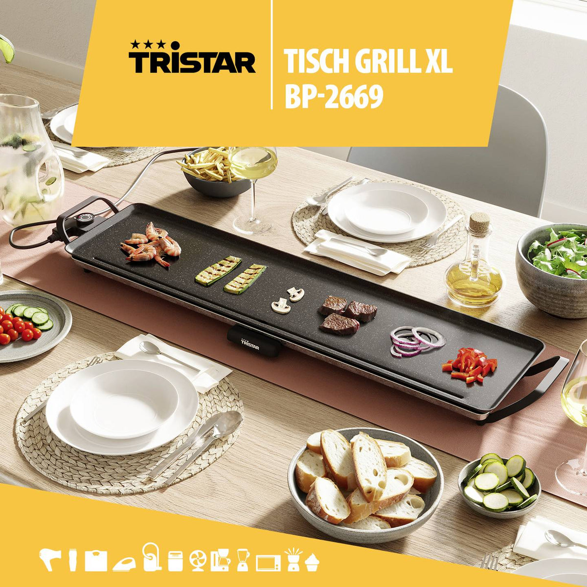 Tristar Grillplatte Elektro Grill Grillplatte Schwarz Slim XL BP2669 - 8712836987920