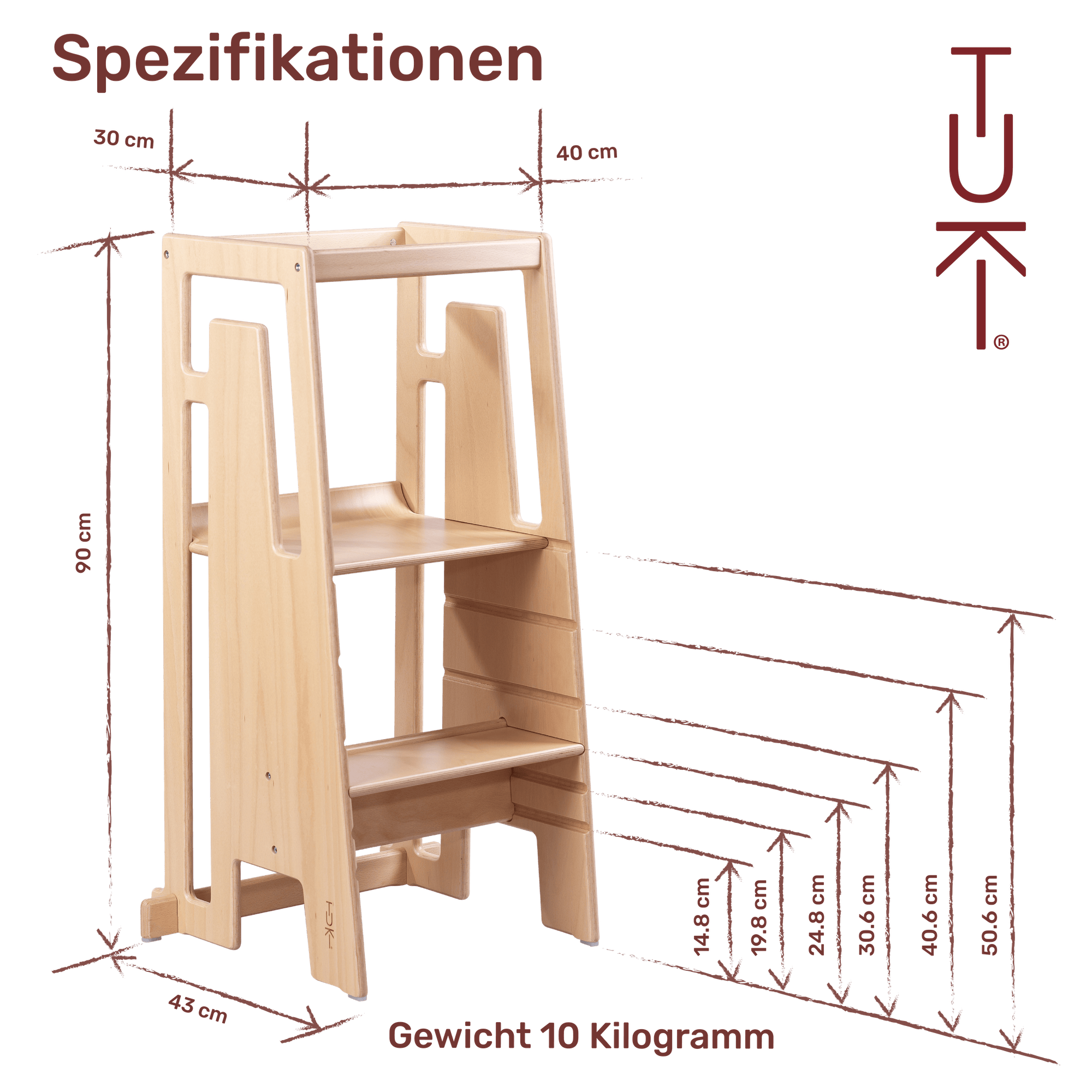 Tuki Lernturm Tritthocker Whitewash Kinderhocker Schweizer Design Birke 3 fach - 7649988743115