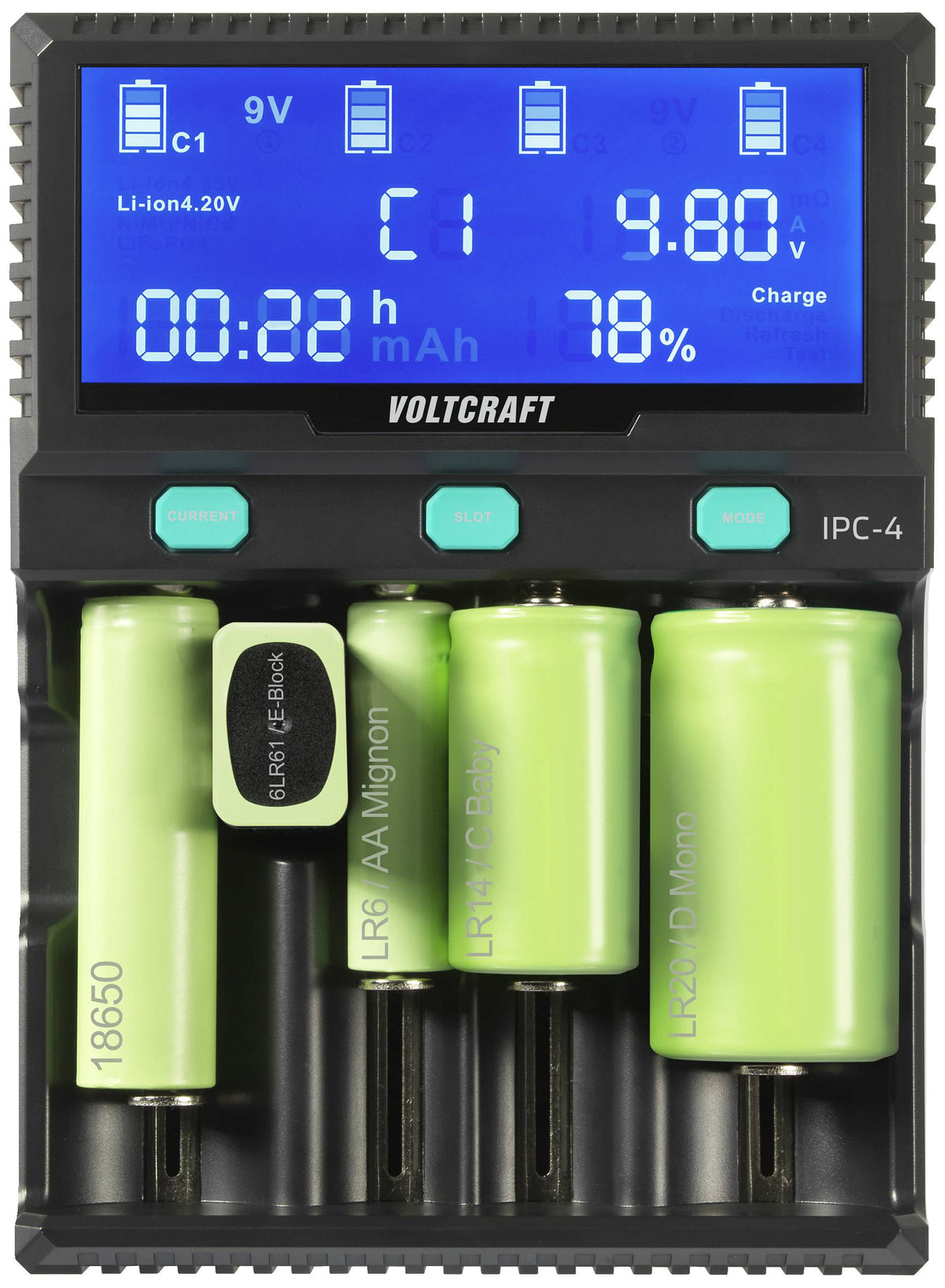 VOLTCRAFT IPC-4 Rundzellen-Ladegerät für LiIon NiMH NiCd AA AAA - 4064161255309