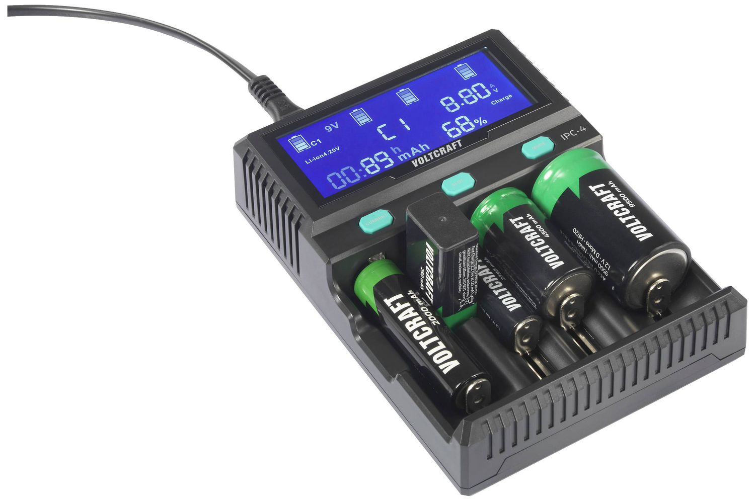 Chargeur Voltcraft IPC 4 cellules rondes (produit de seconde main) pour batteries Li-ion, LiFePo, NiMH, NiCd et LiFePo4