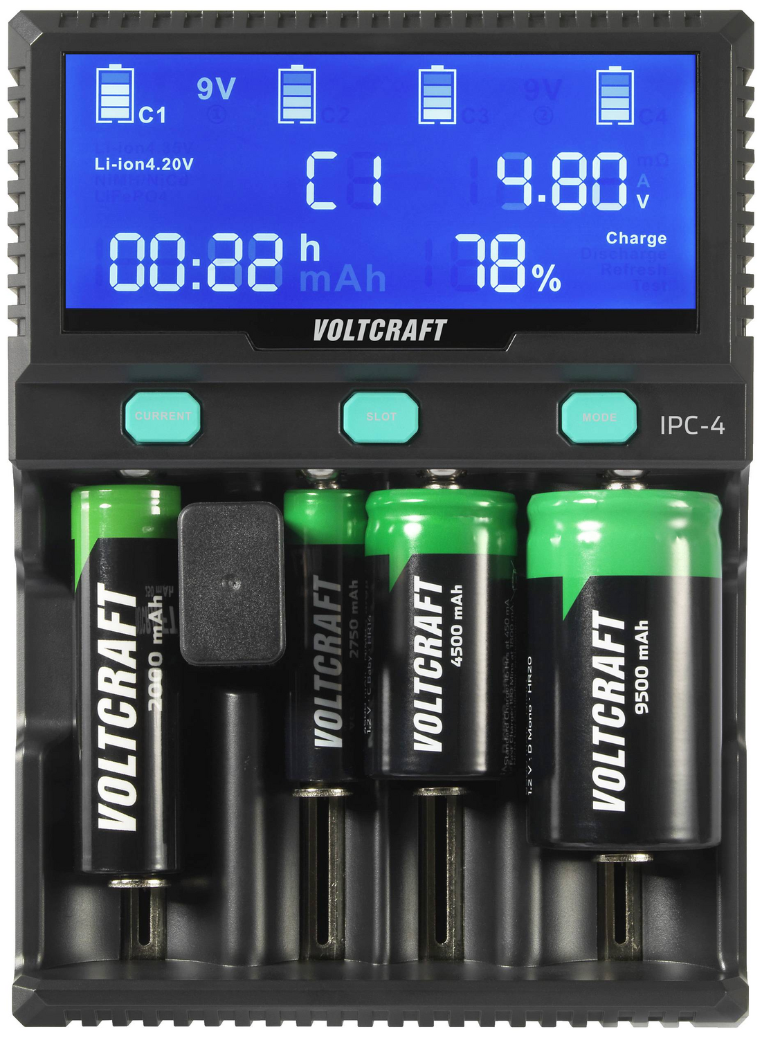 Chargeur Voltcraft IPC 4 cellules rondes (produit de seconde main) pour batteries Li-ion, LiFePo, NiMH, NiCd et LiFePo4