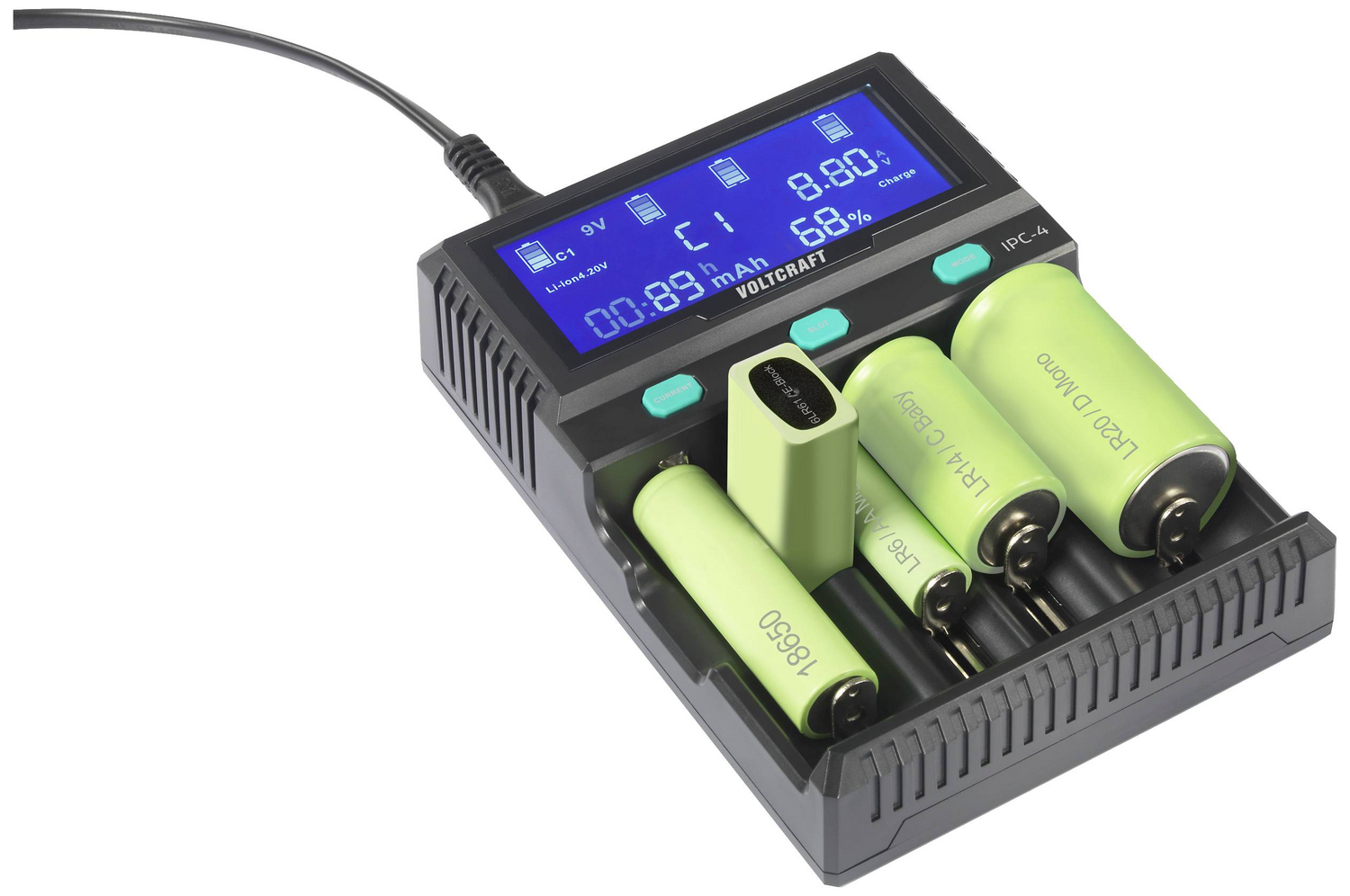 Chargeur Voltcraft IPC 4 cellules rondes (produit de seconde main) pour batteries Li-ion, LiFePo, NiMH, NiCd et LiFePo4