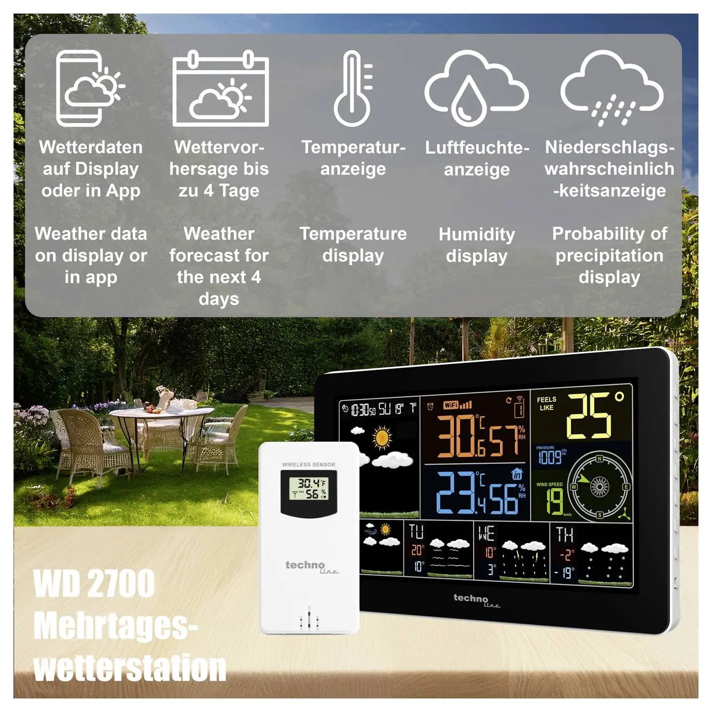 B-Ware Technoline Wetterstation Funkstation Wlan Wd2700 Außensender Display Schwarz114 - 4029665027005