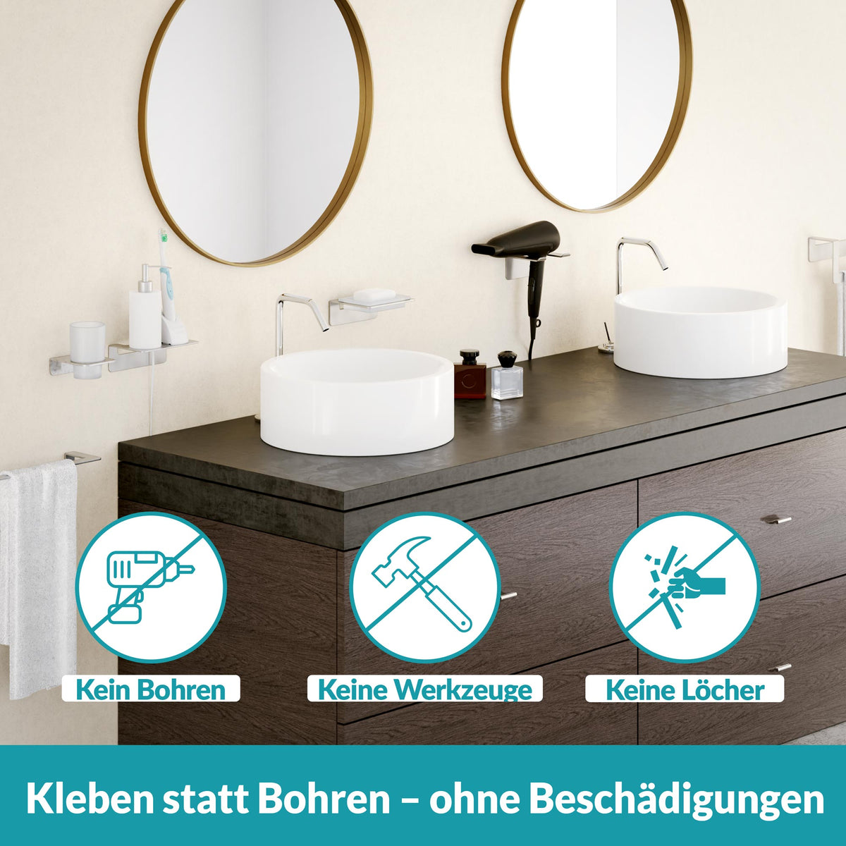 WEISSENSTEIN Föhnhalter Haartrockner selbstklebend Edelstahl Silber 2 STÜCK - 4260470462388
