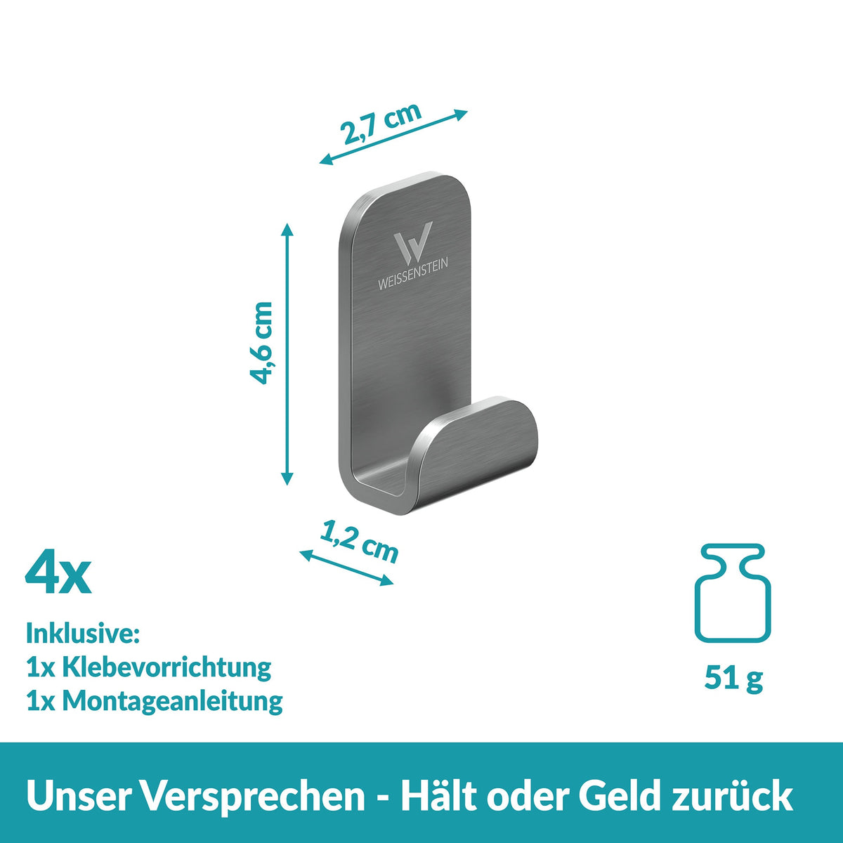 WEISSENSTEIN Haken WOMO Edelstahl matt silber selbstklebend 4er-Pack 14 SETS - 4260470461442
