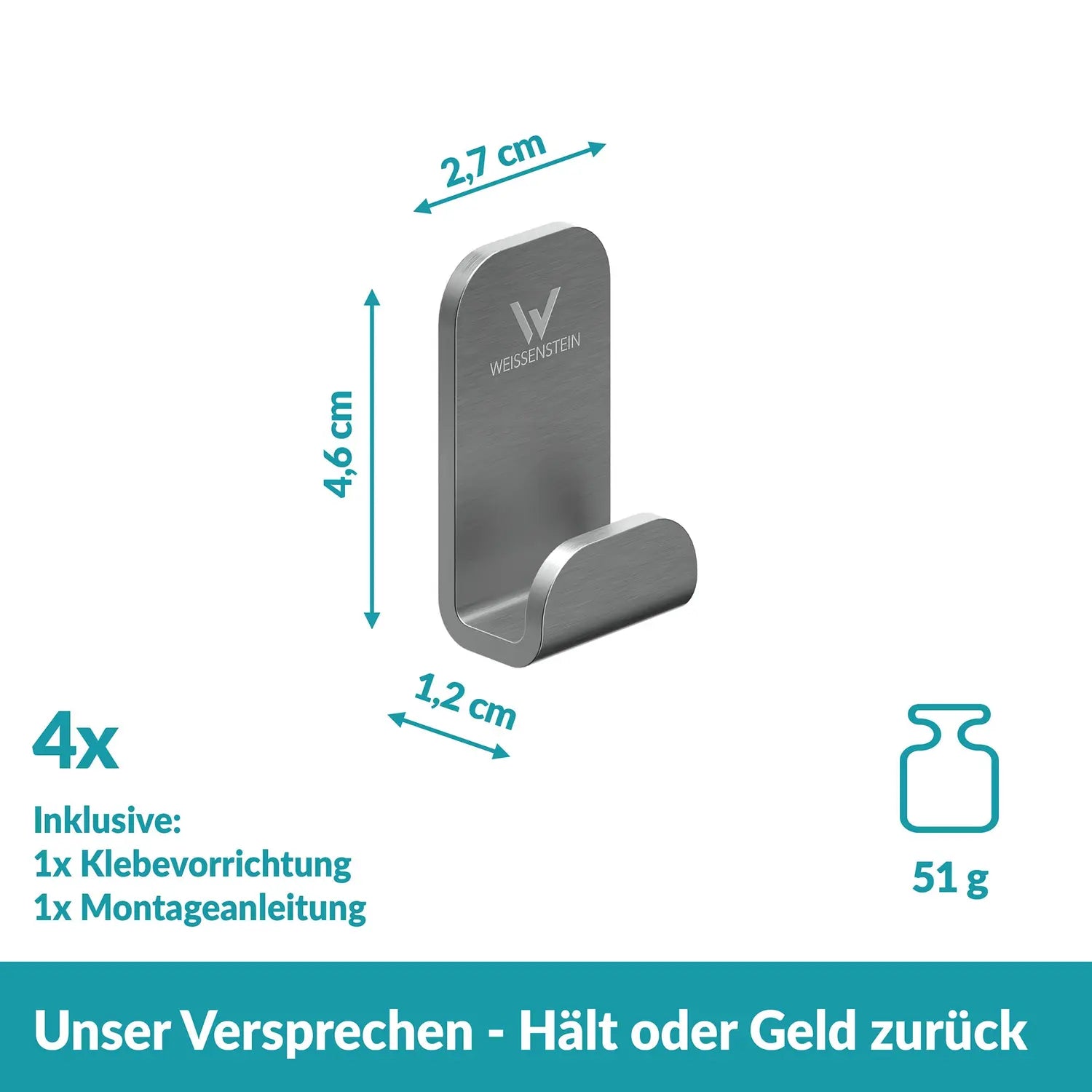 B-Ware Weissenstein Haken Womo Edelstahl Matt Silber Selbstklebend 4er Pack 15 Sets - 4260470461442