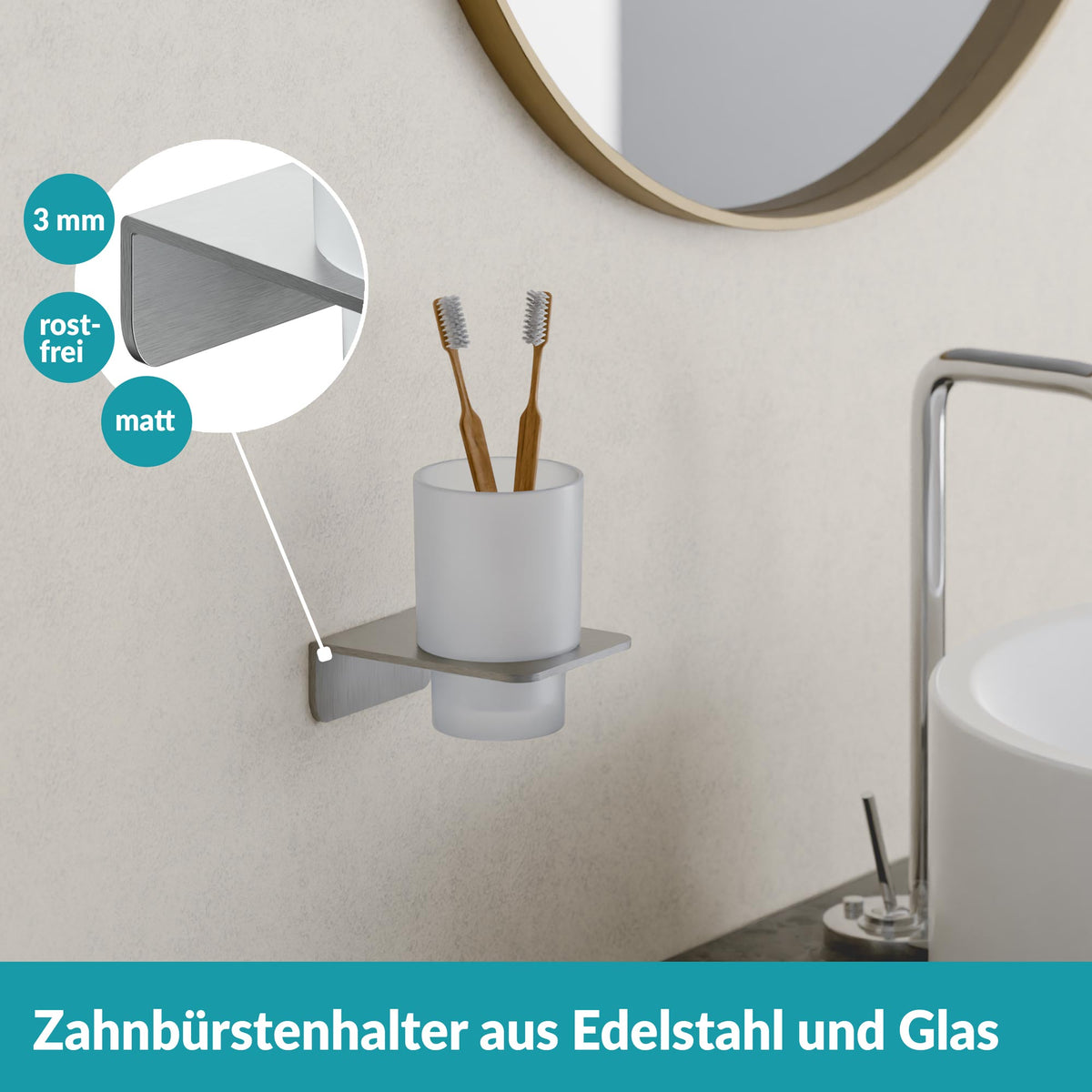 WEISSENSTEIN Zahnputzbecherhalter Becher Badezimmer Halter Milchglas Silber W167 - 4260470461596