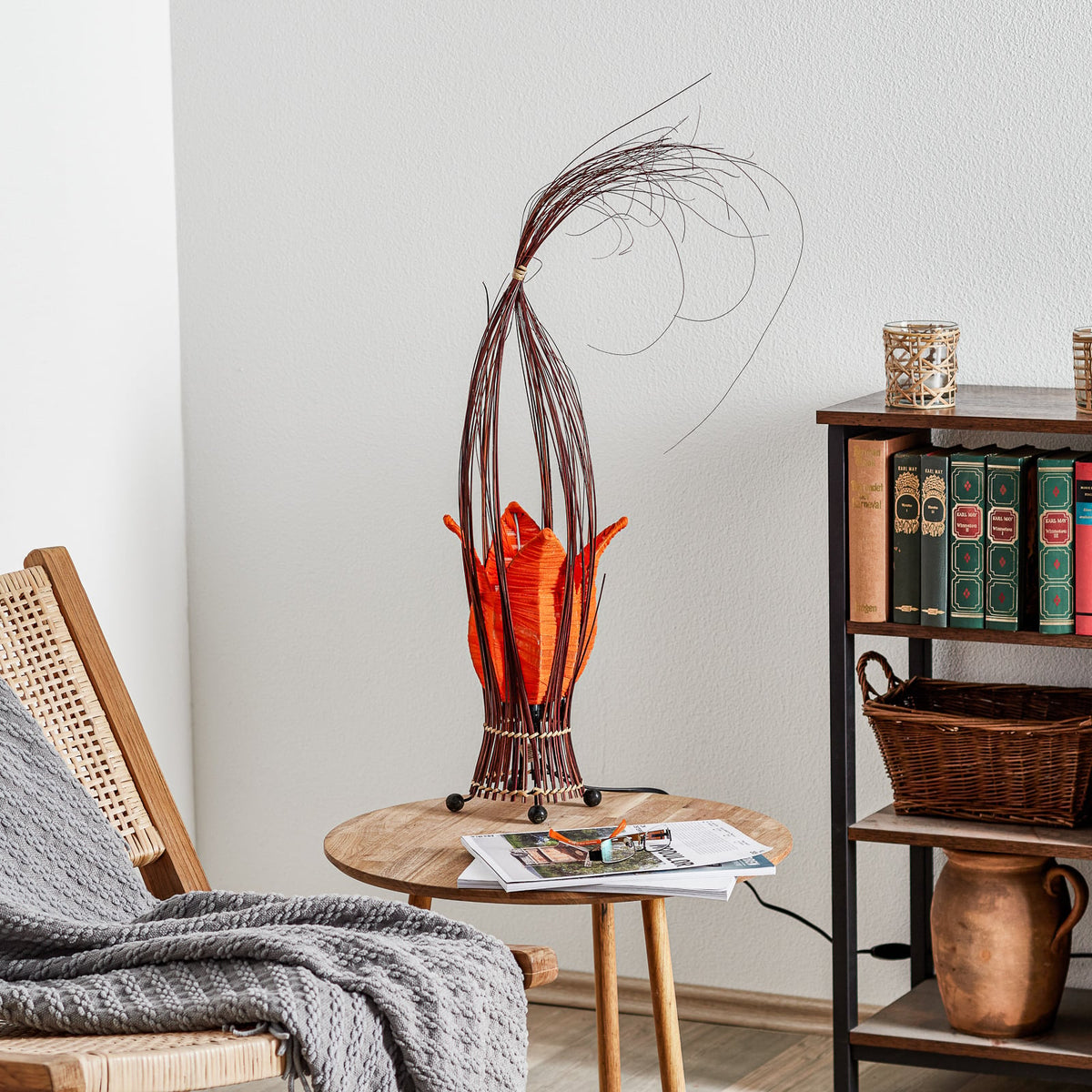 Woru Tischleuchte Lampe Elena Stoffschirm Orange Holz Textil Schalter Unikat - 4250323846137