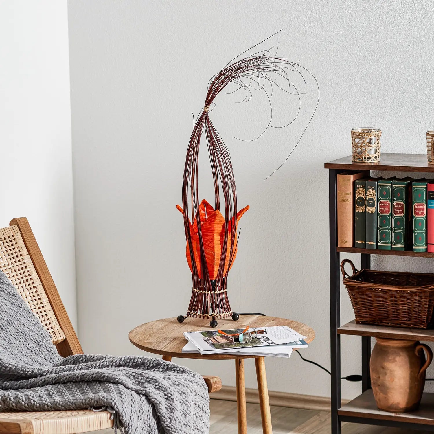 B-Ware Woru Tischleuchte Lampe Elena Stoffschirm Orange Holz Textil Schalter Unikat - 4250323846137