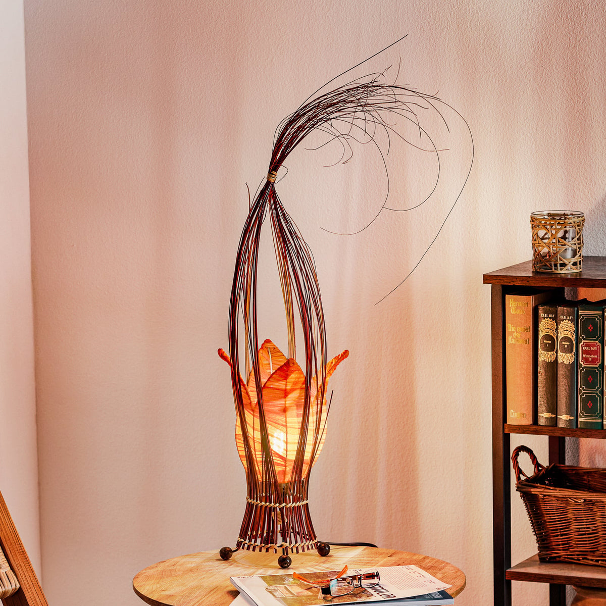 Woru Tischleuchte Lampe Elena Stoffschirm Orange Holz Textil Schalter Unikat - 4250323846137