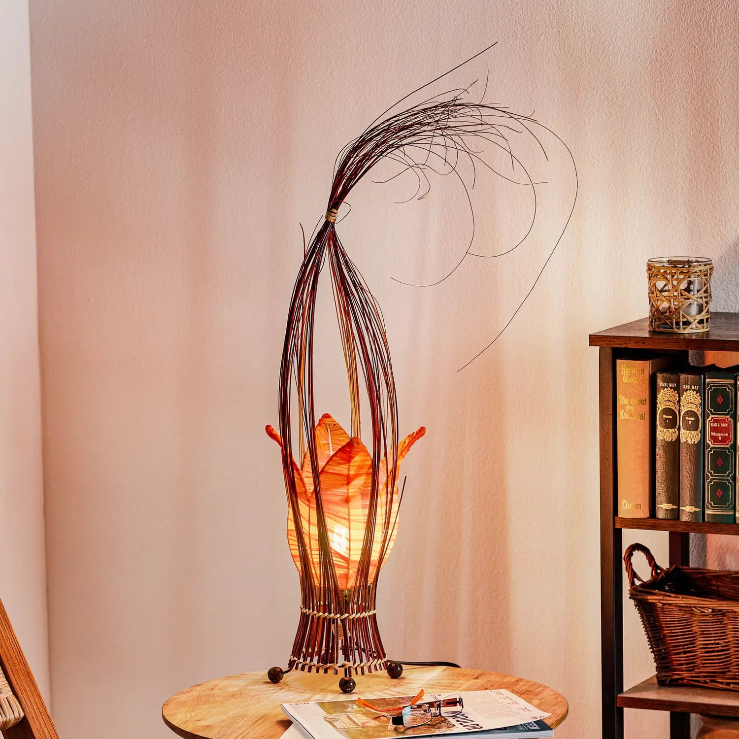 B-Ware Woru Tischleuchte Lampe Elena Stoffschirm Orange Holz Textil Schalter Unikat - 4250323846137