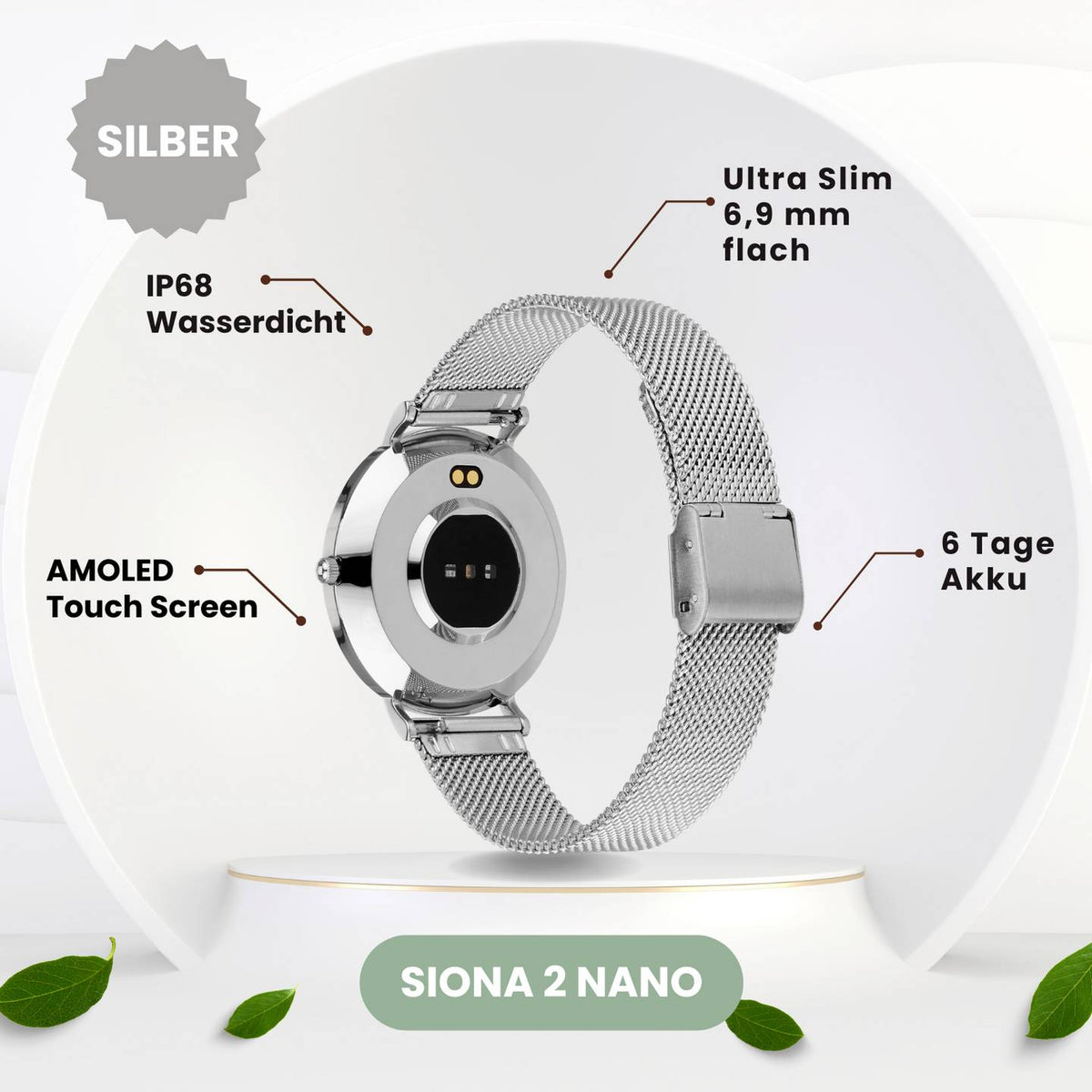 XCOAST SIONA 2 Smartwatch Uhr Fitness Tracker Silber Damen Fitnessuhr - 4260449577082