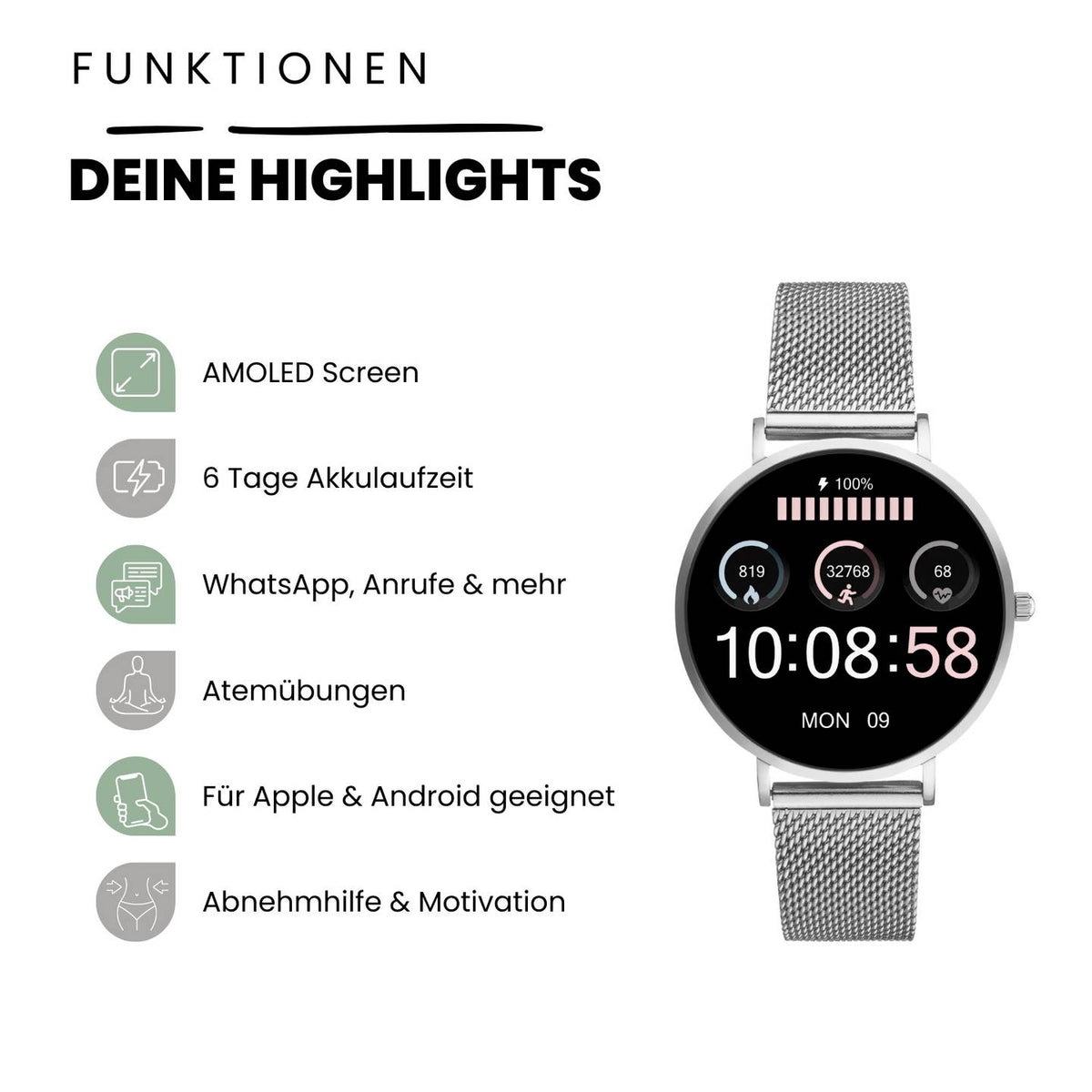 XCOAST SIONA 2 Smartwatch Uhr Fitness Tracker Silber Damen Fitnessuhr - 4260449577082